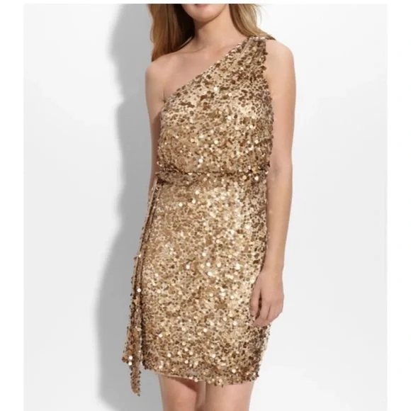 slim fit dress slacks Aidan Mattox Light Gold Beaded Sequin Crew Neck Short Sleeve Dress main image 0